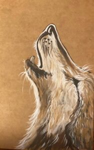 A painting of a wolf looking to the sky and howling.