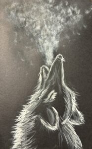 black and white acrylic painting of wolf howling