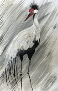 acrylic painting of black and white bird