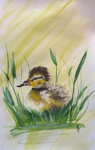 duckling in weeds hand painted card