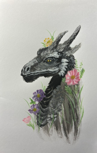 Abraxos the dragon with flowers acrylic painting
